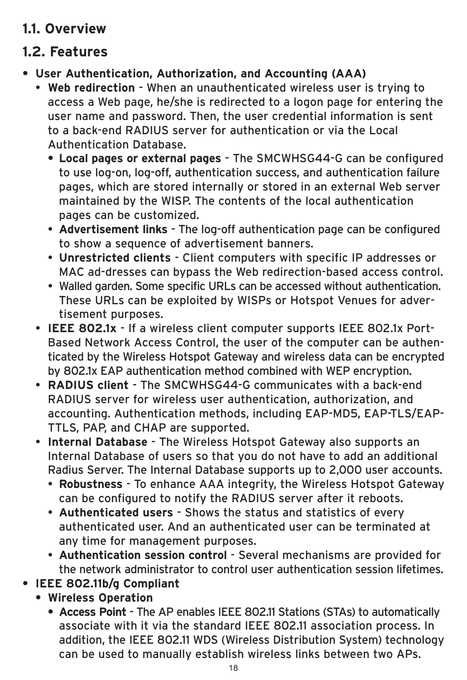 Overview 1.2. features | SMC Networks SMCWHSG44-G User Manual | Page 19 / 100