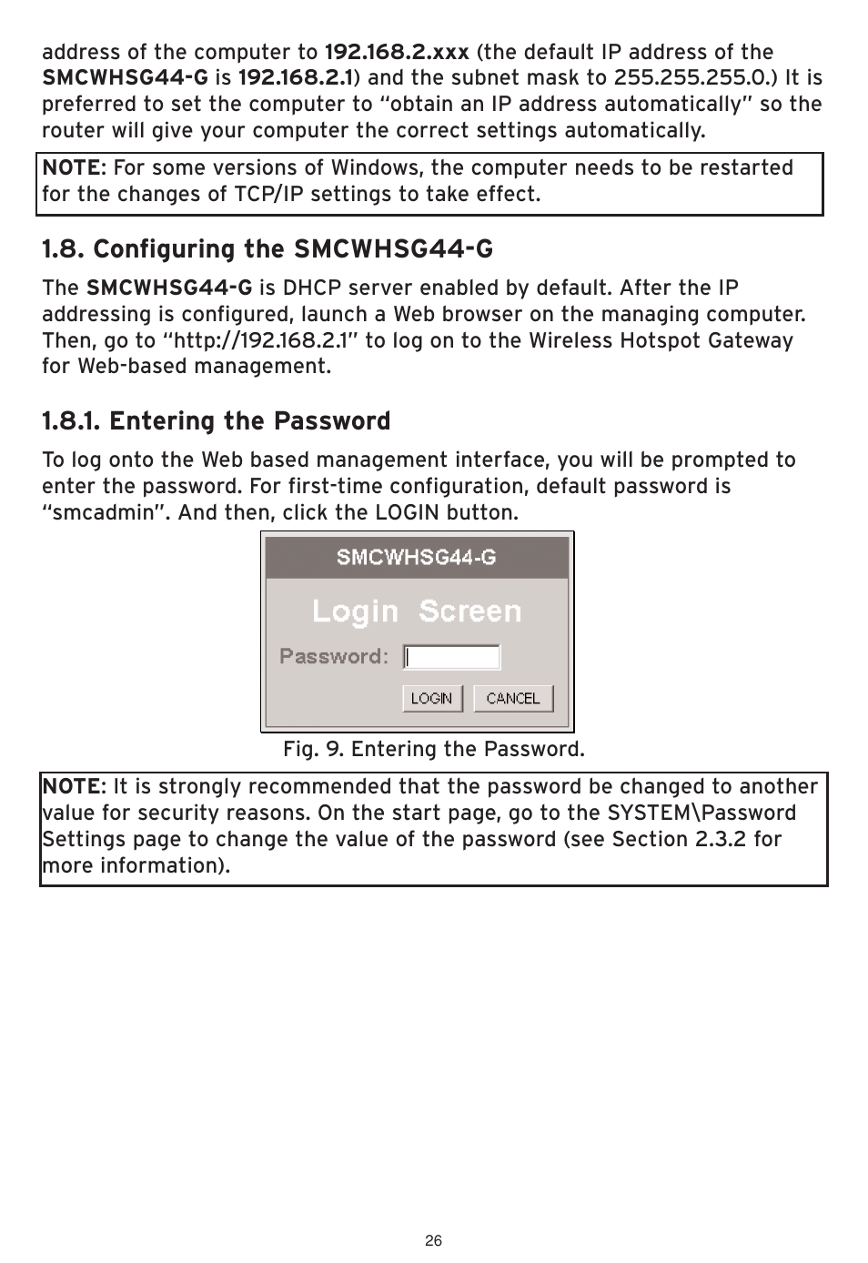 Configuring the smcwhsg44-g, Entering the password | SMC Networks SMCWHSG44-G User Manual | Page 27 / 100