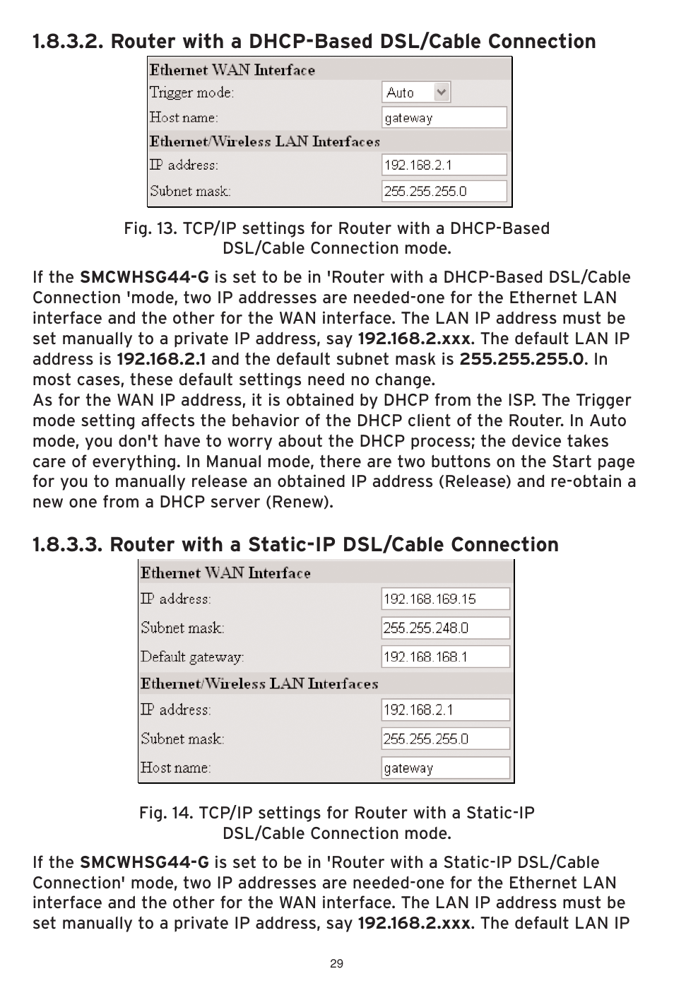 Router with a dhcp-based dsl/cable connection, Router with a static-ip dsl/cable connection | SMC Networks SMCWHSG44-G User Manual | Page 30 / 100