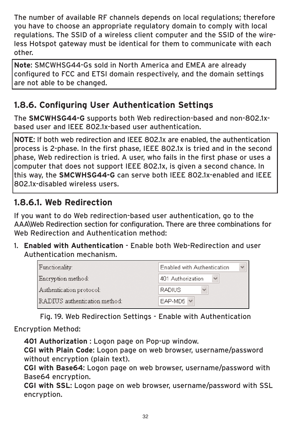 Configuring user authentication settings, Web redirection | SMC Networks SMCWHSG44-G User Manual | Page 33 / 100