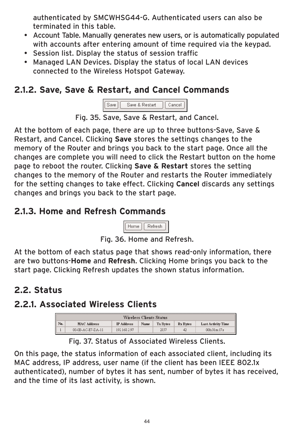 Save, save & restart, and cancel commands, Home and refresh commands, Status 2.2.1. associated wireless clients | SMC Networks SMCWHSG44-G User Manual | Page 45 / 100