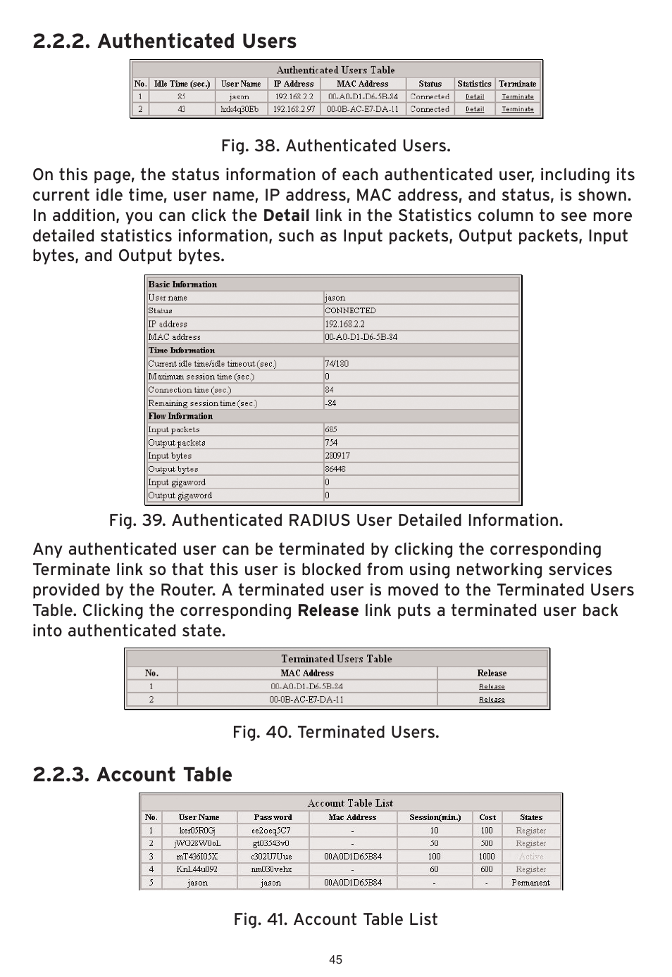 Authenticated users, Account table | SMC Networks SMCWHSG44-G User Manual | Page 46 / 100