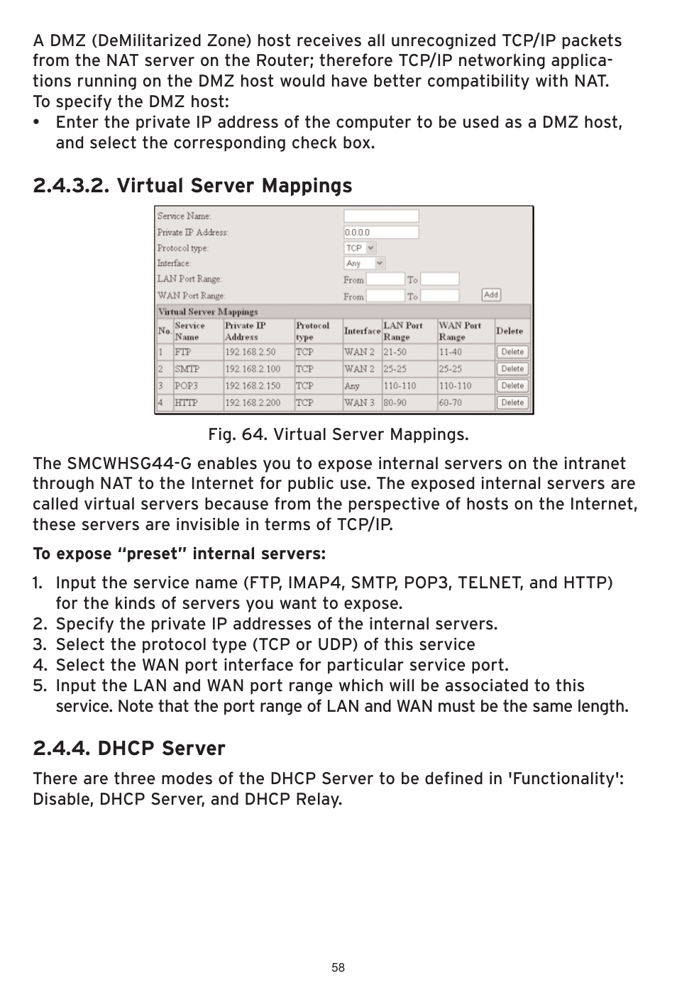 Virtual server mappings, Dhcp server | SMC Networks SMCWHSG44-G User Manual | Page 59 / 100