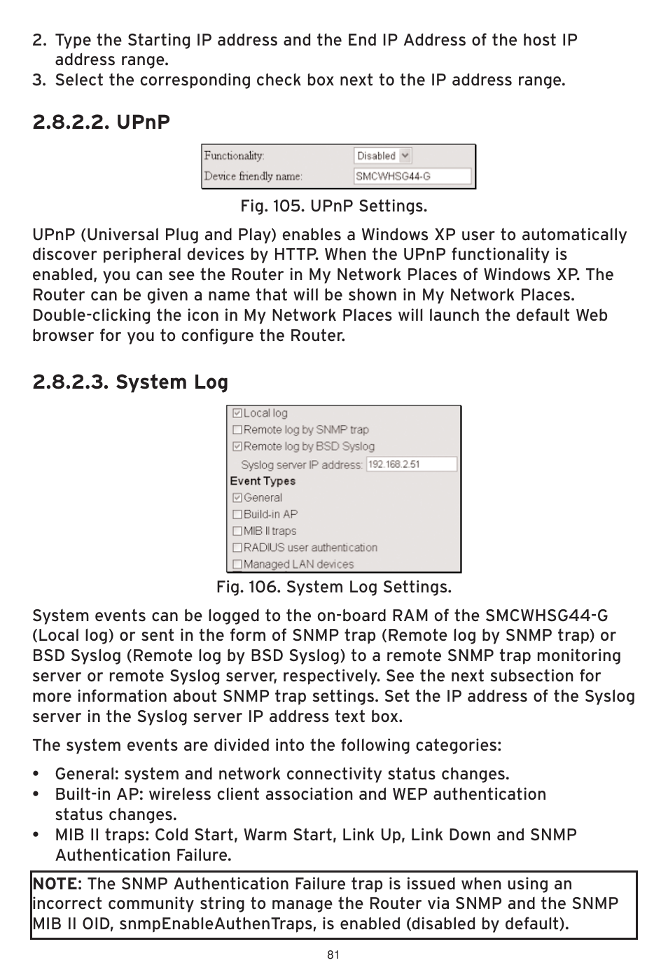 Upnp, System log | SMC Networks SMCWHSG44-G User Manual | Page 82 / 100