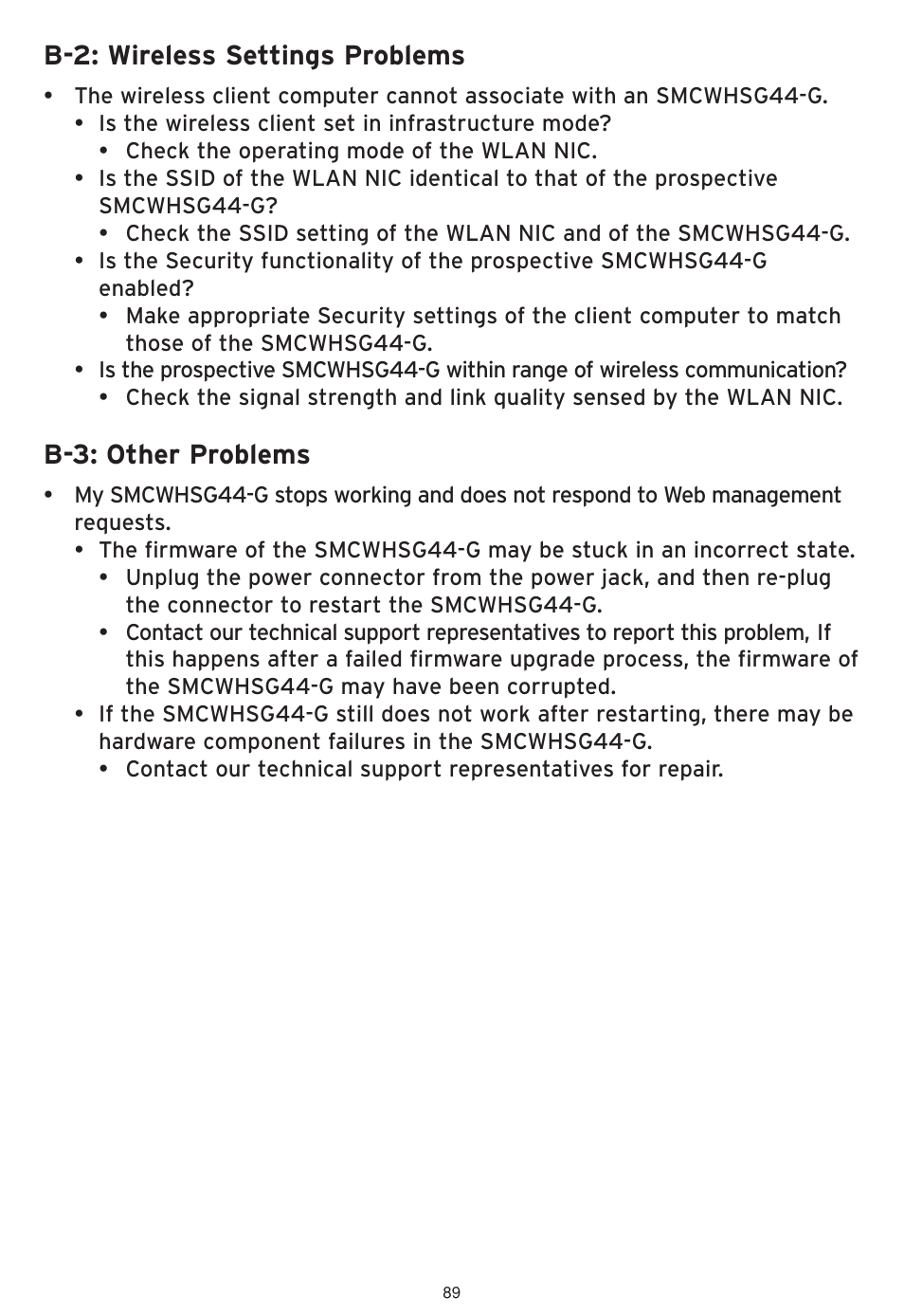 B-2: wireless settings problems, B-3: other problems | SMC Networks SMCWHSG44-G User Manual | Page 90 / 100