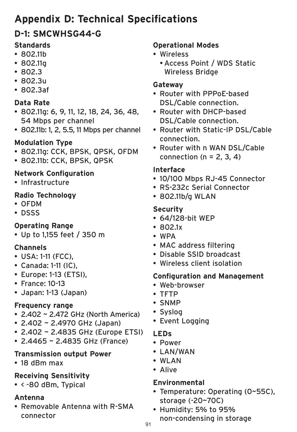 Appendix d: technical specifications, D-1: smcwhsg44-g | SMC Networks SMCWHSG44-G User Manual | Page 92 / 100