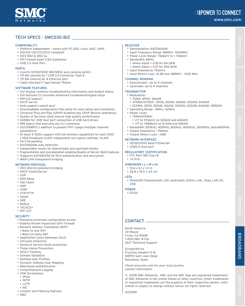 SMC Networks DOCSIS 3.0 Commercial Cable Modem Gateway SMCD3G-BIZ User Manual | Page 2 / 2