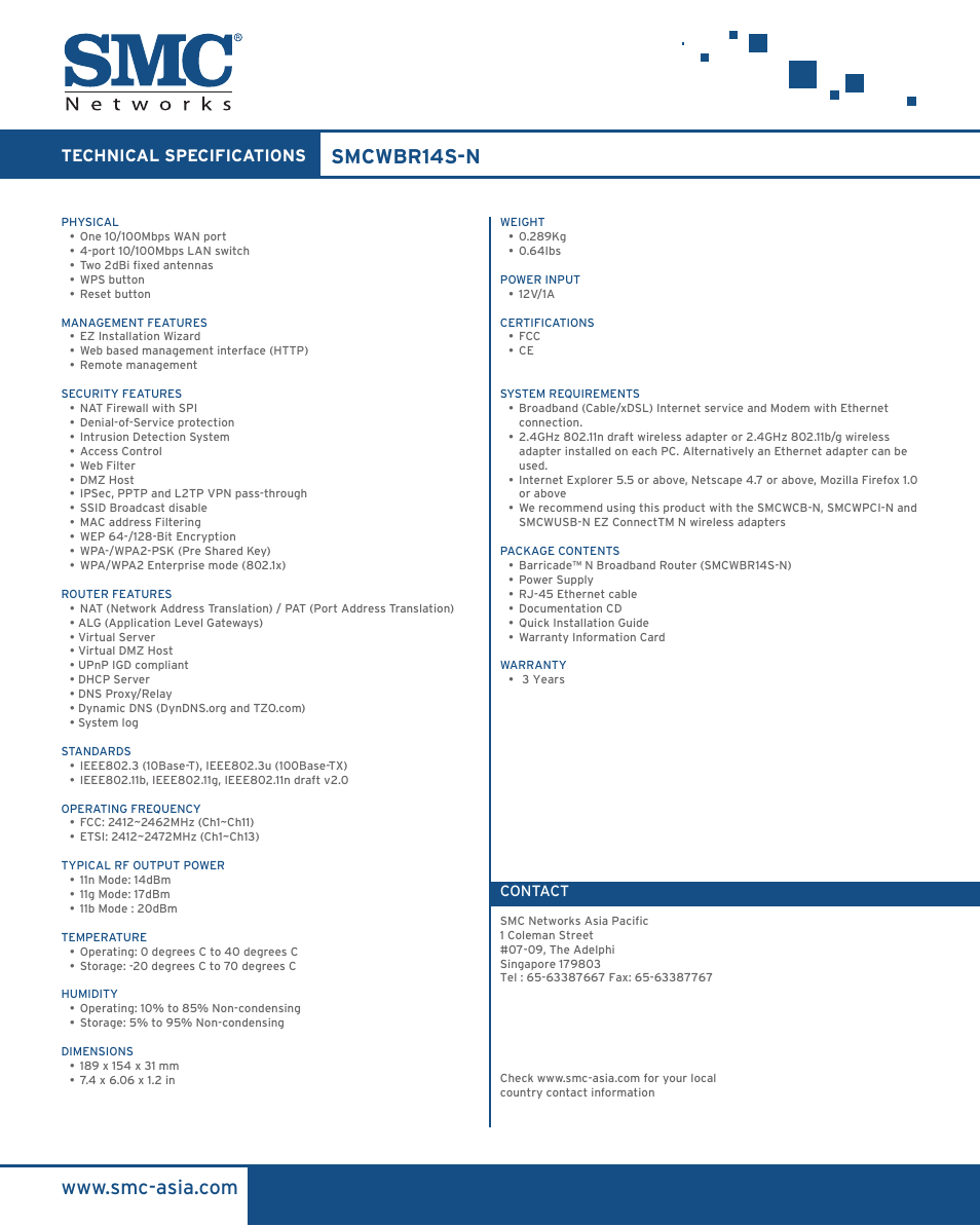 Smcwbr14s-n, Technical specifications | SMC Networks Barricade SMCWBR14S-N User Manual | Page 2 / 2