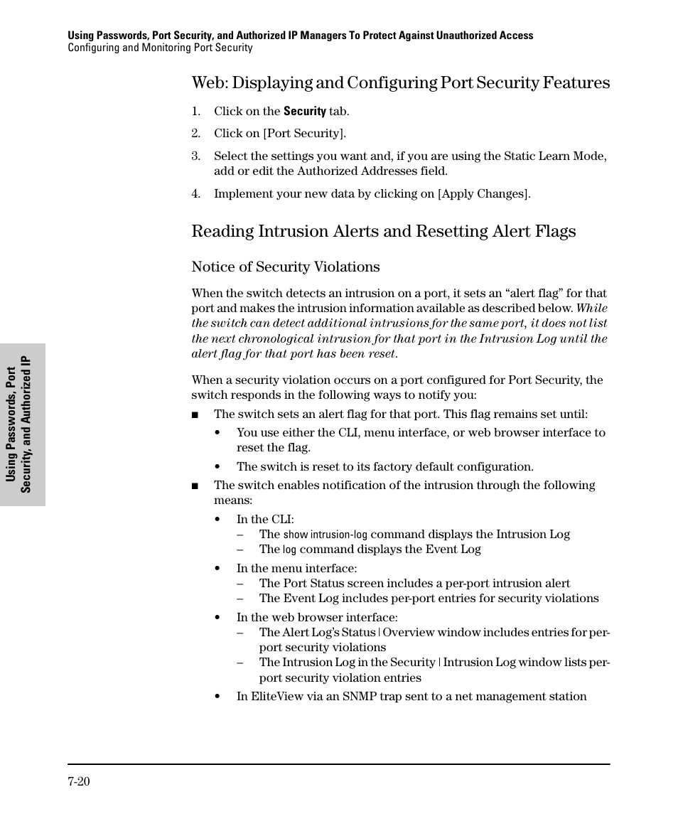 Reading intrusion alerts and resetting alert flags, Notice of security violations, Notice of security violations -20 | SMC Networks SMC TigerStack II SMC6624M User Manual | Page 140 / 364