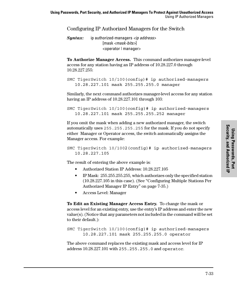 Configuring ip authorized managers for the switch | SMC Networks SMC TigerStack II SMC6624M User Manual | Page 153 / 364