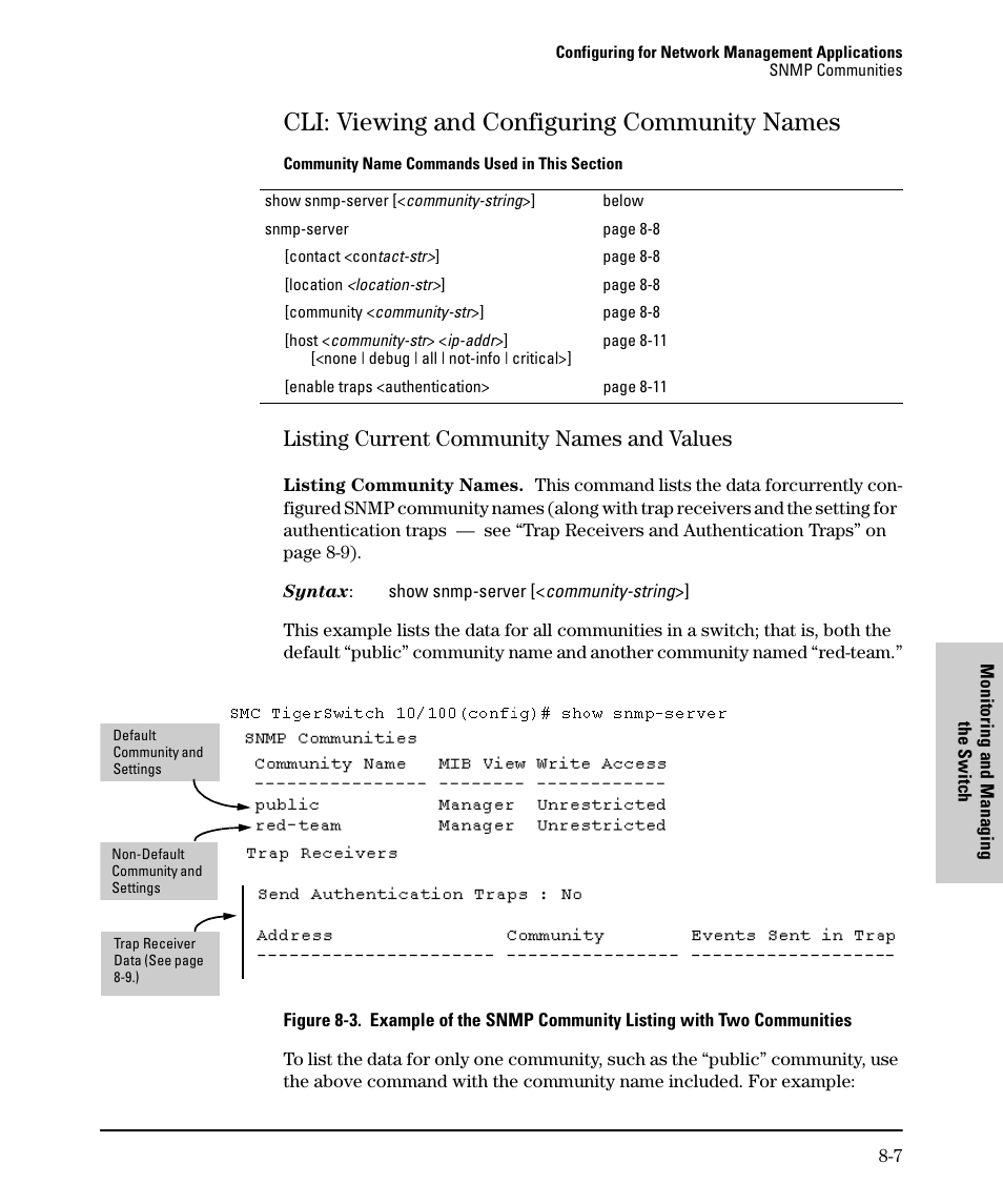 Cli: viewing and configuring community names, Listing current community names and values, Cli: viewing and configuring community names -7 | Listing current community names and values -7 | SMC Networks SMC TigerStack II SMC6624M User Manual | Page 165 / 364