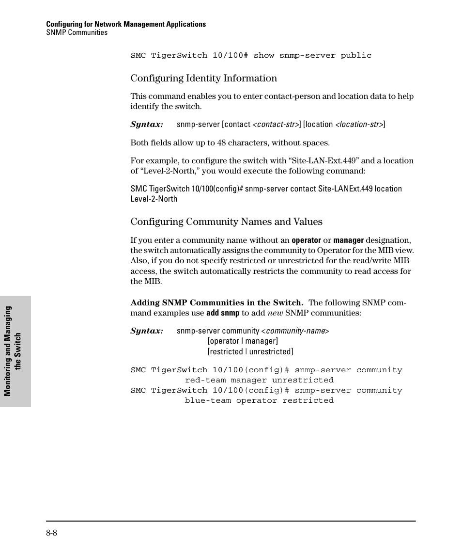 Configuring identity information, Configuring community names and values | SMC Networks SMC TigerStack II SMC6624M User Manual | Page 166 / 364