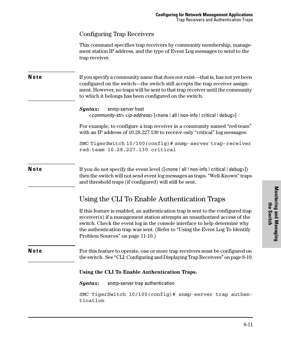 Configuring trap receivers, Using the cli to enable authentication traps, Configuring trap receivers -11 | Using the cli to enable authentication traps -11 | SMC Networks SMC TigerStack II SMC6624M User Manual | Page 169 / 364