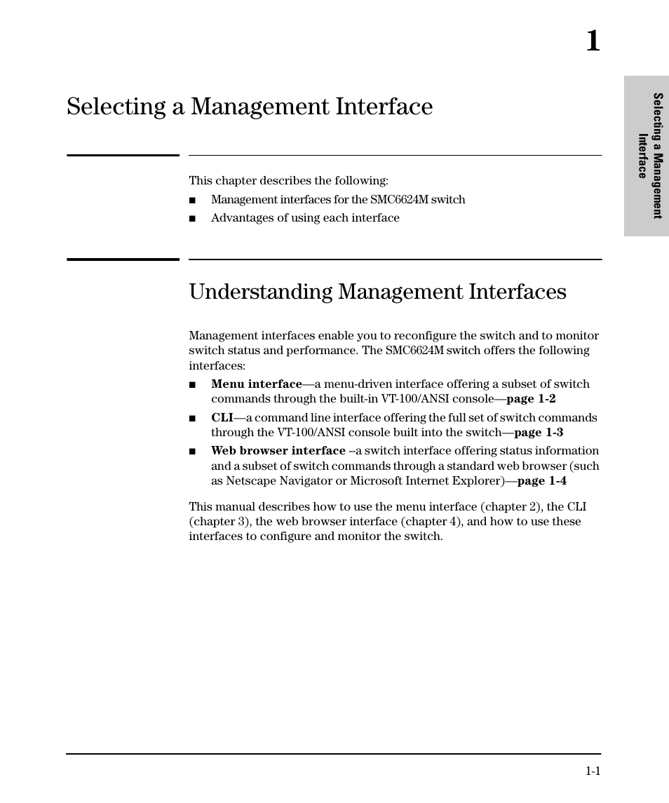 Selecting a management interface, Understanding management interfaces, 1 selecting a management interface | SMC Networks SMC TigerStack II SMC6624M User Manual | Page 17 / 364