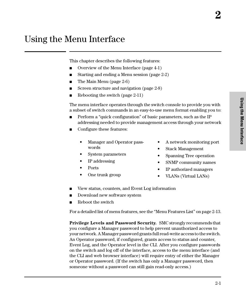 Using the menu interface, 2 using the menu interface | SMC Networks SMC TigerStack II SMC6624M User Manual | Page 21 / 364