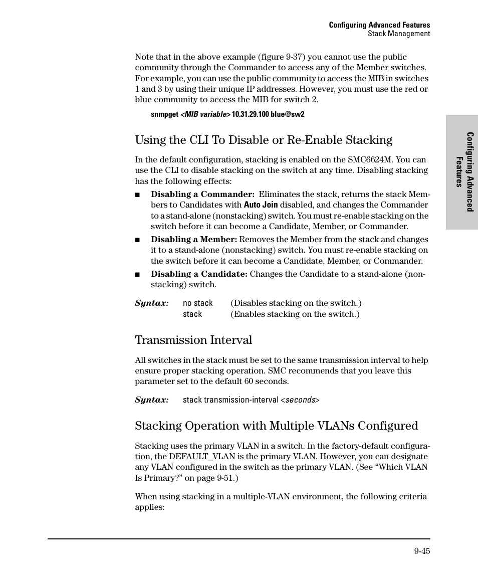 Using the cli to disable or re-enable stacking, Transmission interval, Stacking operation with multiple vlans configured | Using the cli to disable or re-enable stacking -45, Transmission interval -45 | SMC Networks SMC TigerStack II SMC6624M User Manual | Page 215 / 364