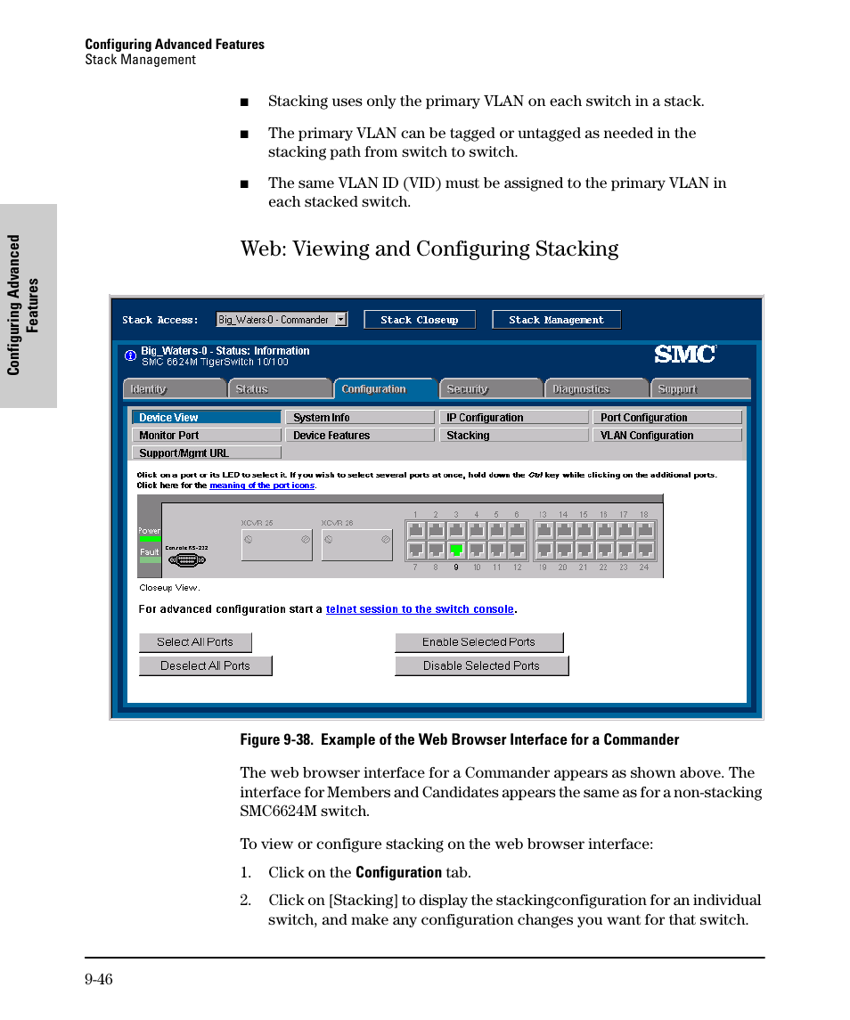 Web: viewing and configuring stacking, Web: viewing and configuring stacking -46 | SMC Networks SMC TigerStack II SMC6624M User Manual | Page 216 / 364