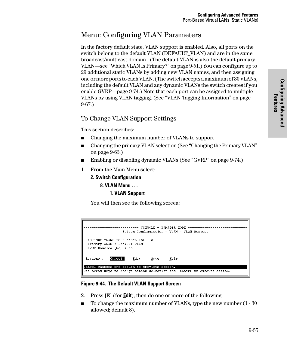 Menu: configuring vlan parameters, To change vlan support settings, Menu: configuring vlan parameters -55 | To change vlan support settings -55, Ge 9-55, E 9-55 | SMC Networks SMC TigerStack II SMC6624M User Manual | Page 225 / 364