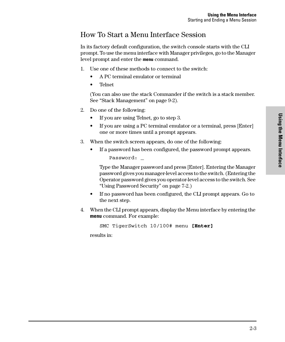 How to start a menu interface session, How to start a menu interface session -3 | SMC Networks SMC TigerStack II SMC6624M User Manual | Page 23 / 364