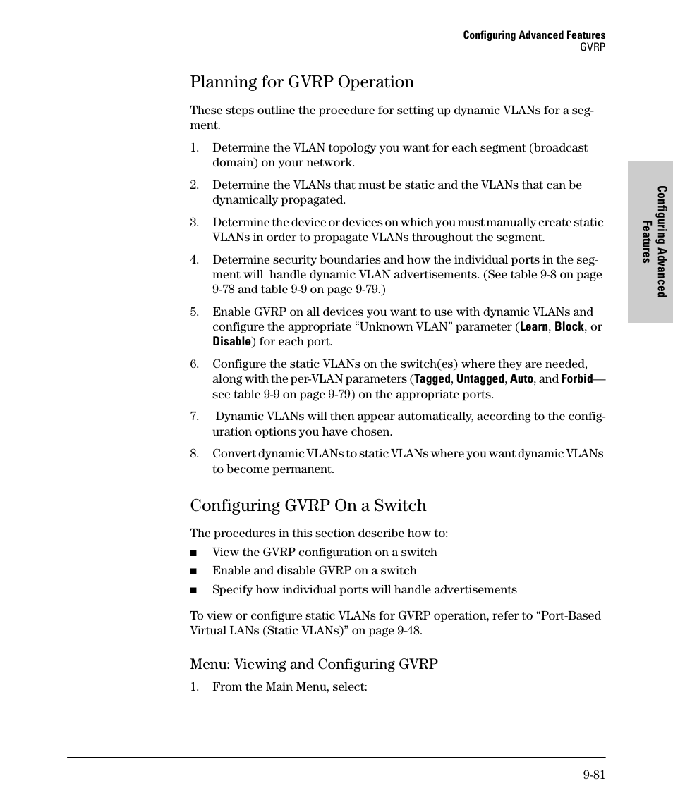 Planning for gvrp operation, Configuring gvrp on a switch, Menu: viewing and configuring gvrp | Planning for gvrp operation -81, Configuring gvrp on a switch -81, Menu: viewing and configuring gvrp -81 | SMC Networks SMC TigerStack II SMC6624M User Manual | Page 251 / 364