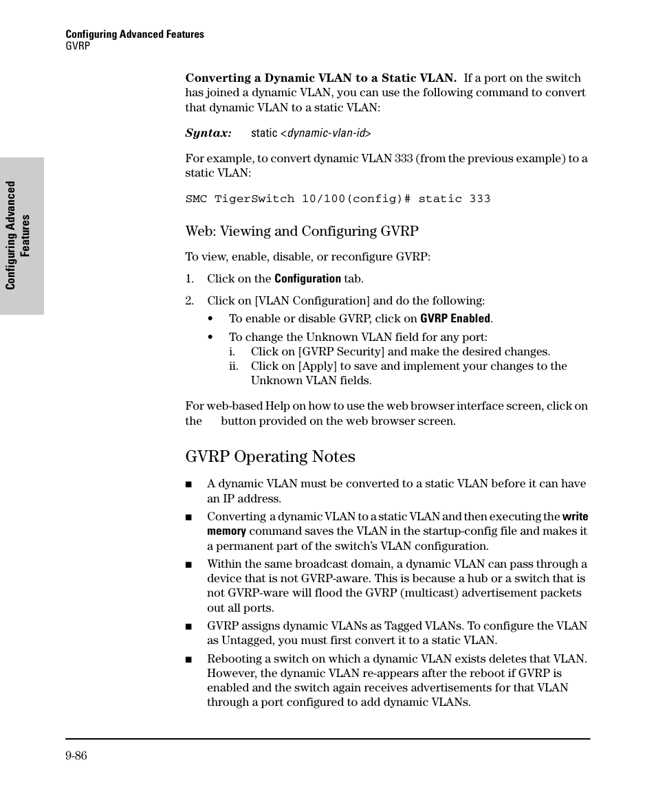 Web: viewing and configuring gvrp, Gvrp operating notes, Web: viewing and configuring gvrp -86 | Gvrp operating notes -86 | SMC Networks SMC TigerStack II SMC6624M User Manual | Page 256 / 364