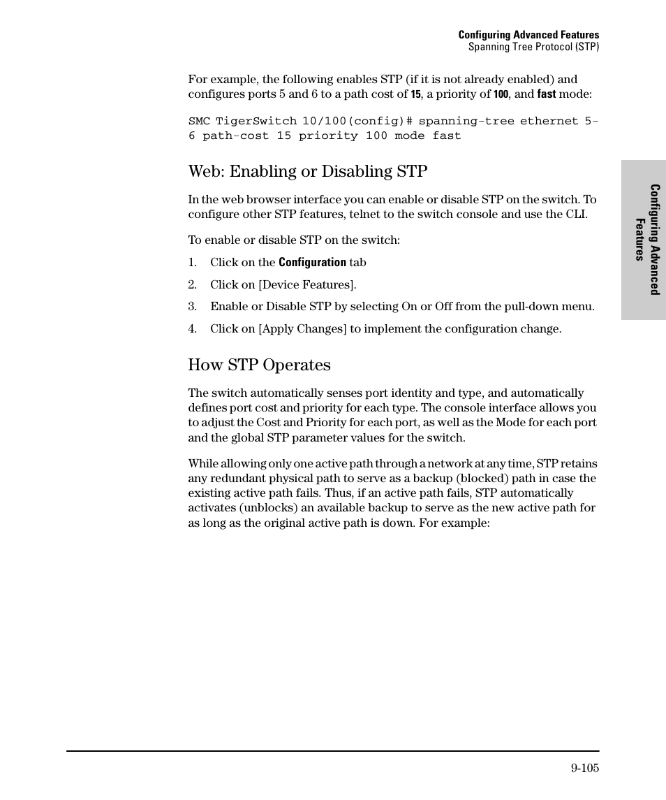 Web: enabling or disabling stp, How stp operates, Web: enabling or disabling stp -105 | How stp operates -105 | SMC Networks SMC TigerStack II SMC6624M User Manual | Page 275 / 364