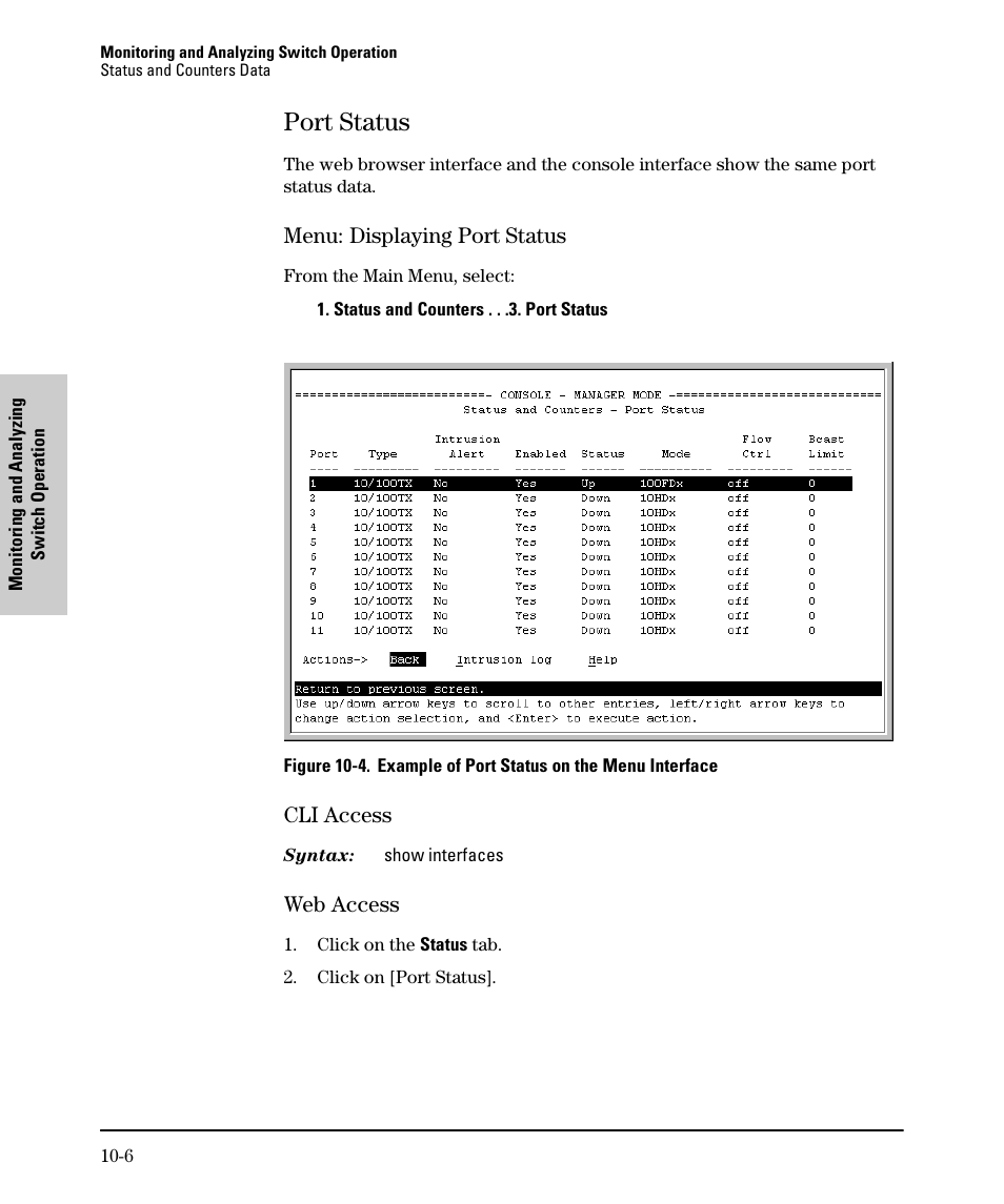 Port status, Menu: displaying port status, Cli access | Web access, Port status -6 | SMC Networks SMC TigerStack II SMC6624M User Manual | Page 284 / 364