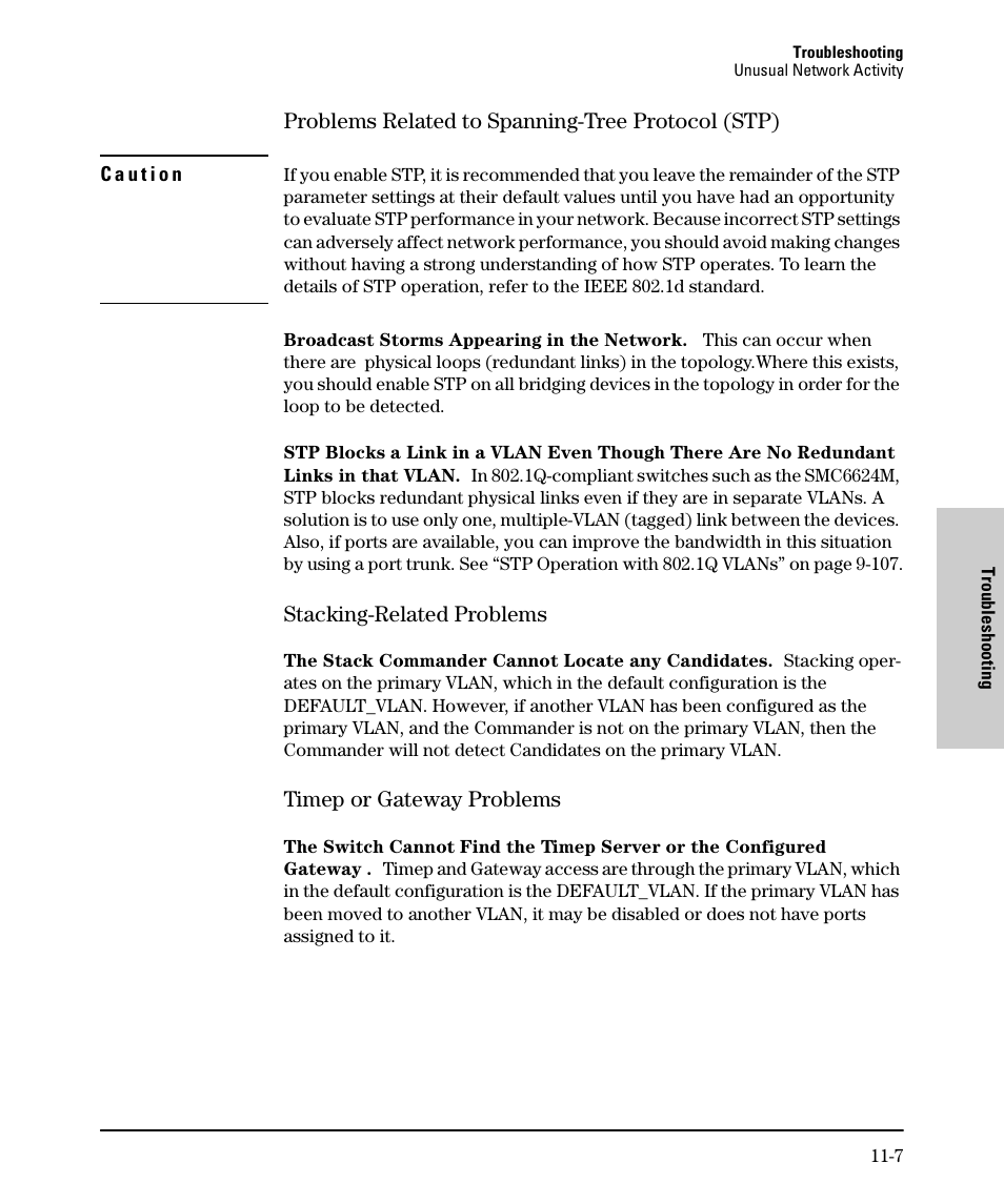 Problems related to spanning-tree protocol (stp), Stacking-related problems, Timep or gateway problems | SMC Networks SMC TigerStack II SMC6624M User Manual | Page 311 / 364