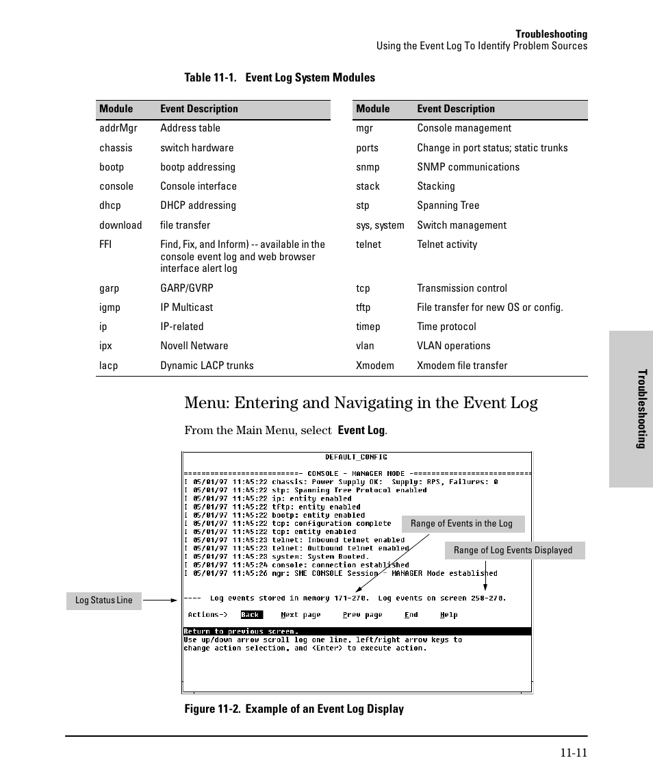 Menu: entering and navigating in the event log, Menu: entering and navigating in the event log -11 | SMC Networks SMC TigerStack II SMC6624M User Manual | Page 315 / 364