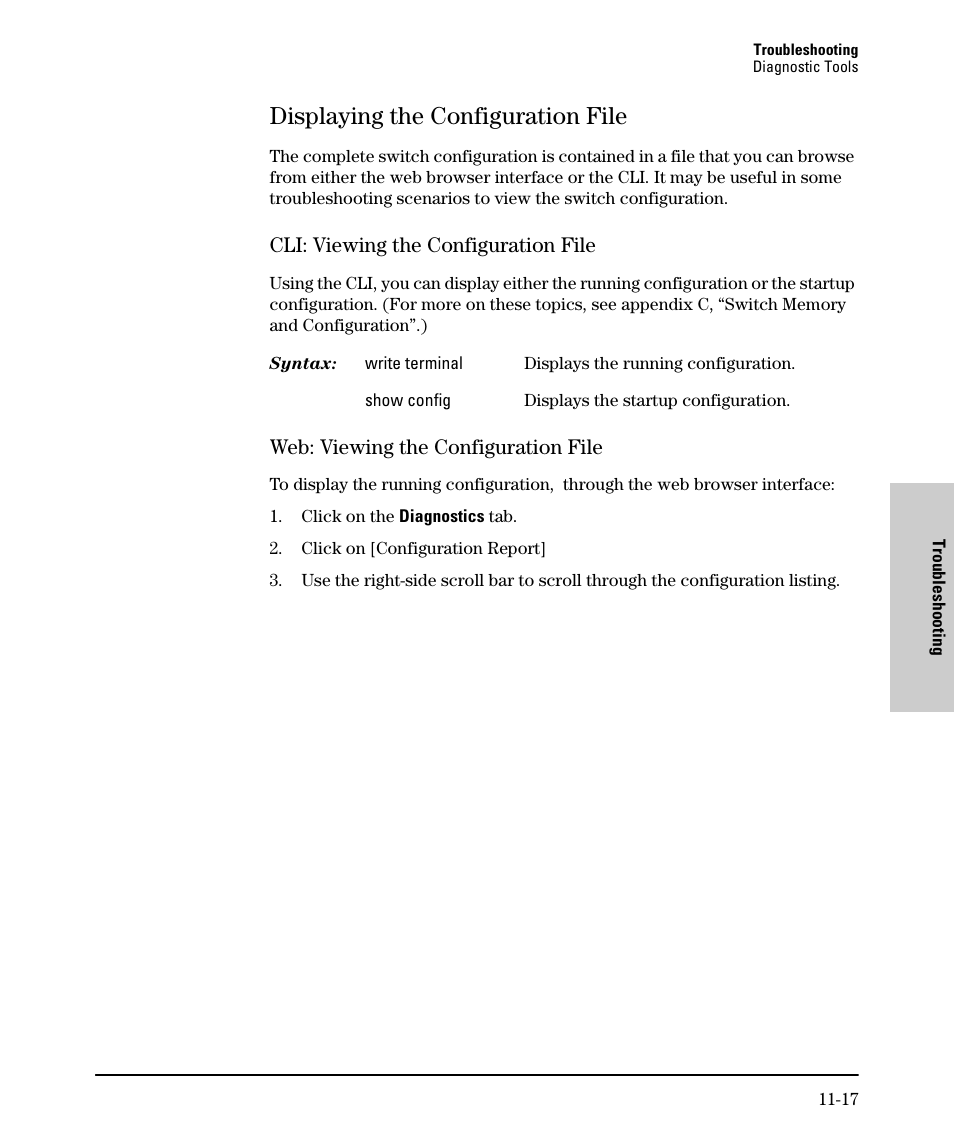 Displaying the configuration file, Cli: viewing the configuration file, Web: viewing the configuration file | Displaying the configuration file -17 | SMC Networks SMC TigerStack II SMC6624M User Manual | Page 321 / 364