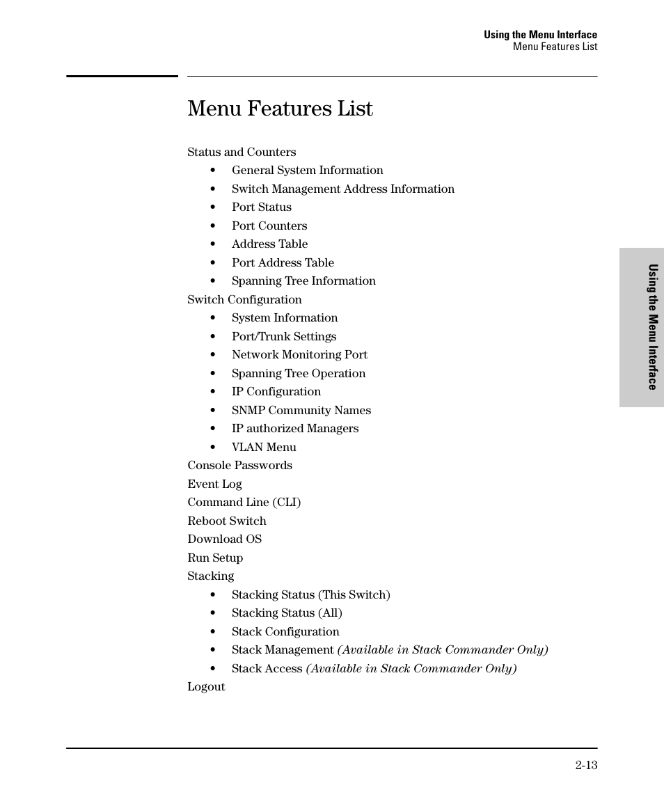 Menu features list | SMC Networks SMC TigerStack II SMC6624M User Manual | Page 33 / 364
