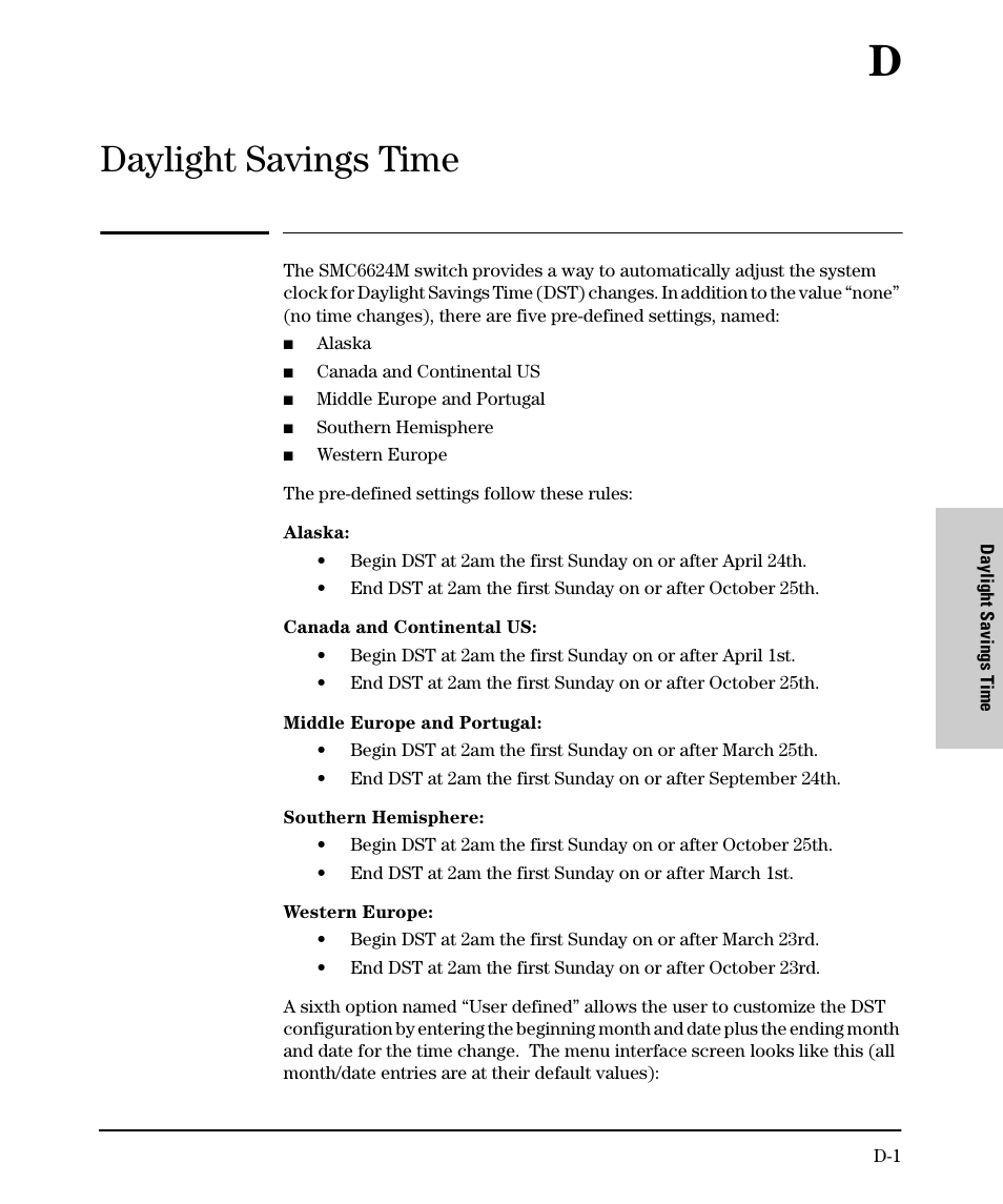 Daylight savings time, D daylight savings time | SMC Networks SMC TigerStack II SMC6624M User Manual | Page 351 / 364