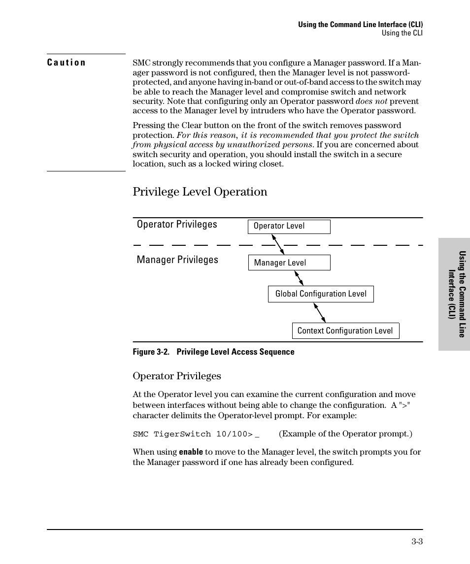 Privilege level operation, Operator privileges, Privilege level operation -3 | Operator privileges -3, Operator privileges manager privileges | SMC Networks SMC TigerStack II SMC6624M User Manual | Page 37 / 364