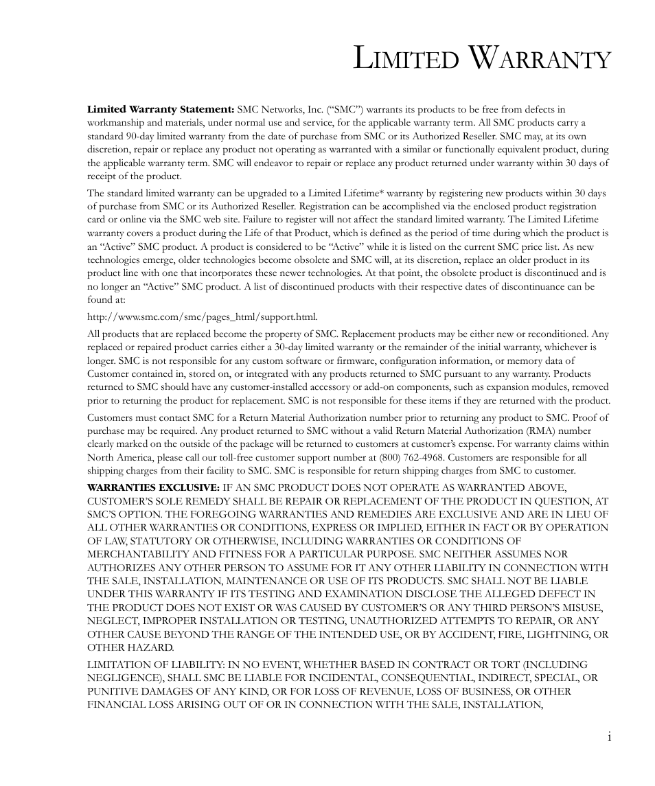Imited, Arranty | SMC Networks SMC TigerStack II SMC6624M User Manual | Page 5 / 364