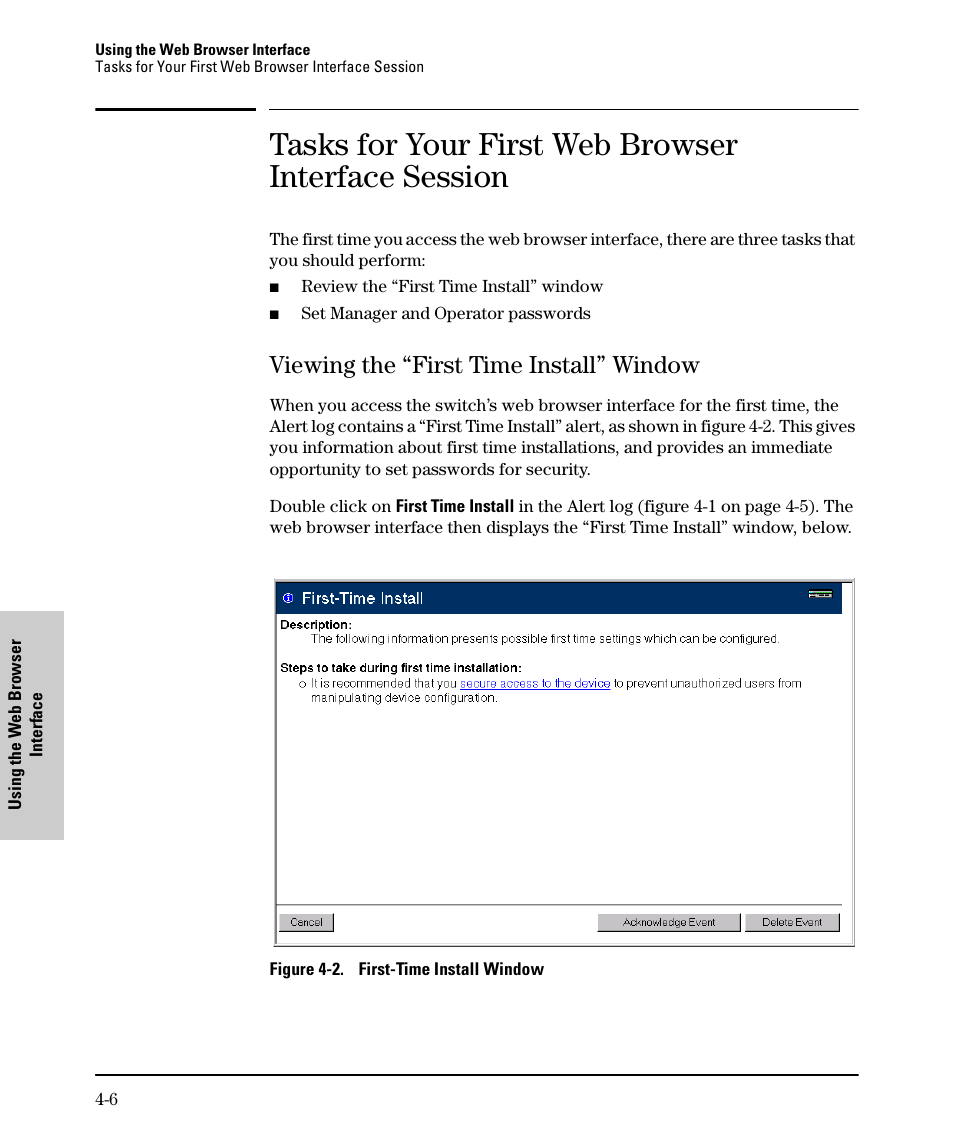 Tasks for your first web browser interface session, Viewing the “first time install” window, Viewing the “first time install” window -6 | SMC Networks SMC TigerStack II SMC6624M User Manual | Page 56 / 364