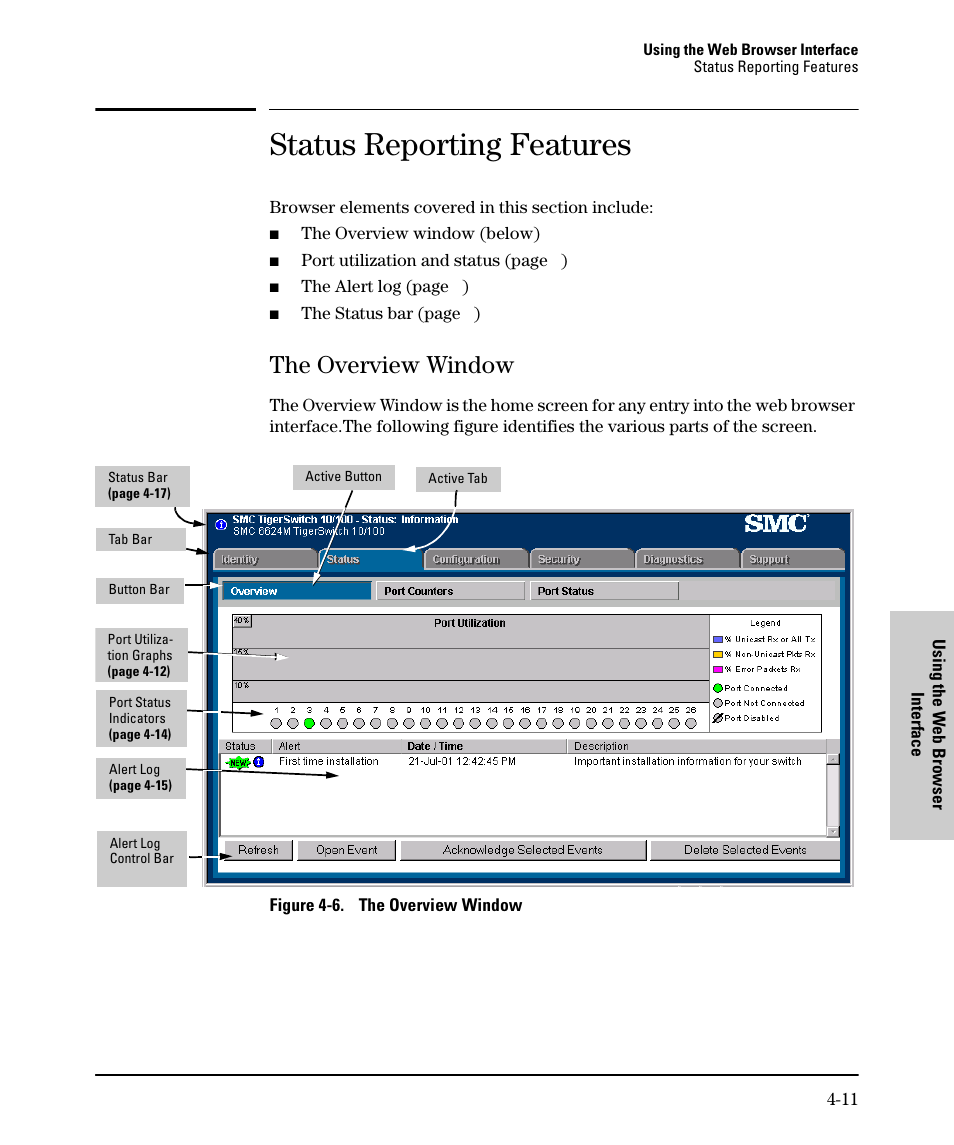 Status reporting features, The overview window, The overview window -11 | SMC Networks SMC TigerStack II SMC6624M User Manual | Page 61 / 364