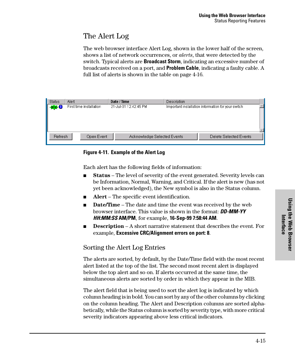 The alert log, Sorting the alert log entries, The alert log -15 | Sorting the alert log entries -15 | SMC Networks SMC TigerStack II SMC6624M User Manual | Page 65 / 364