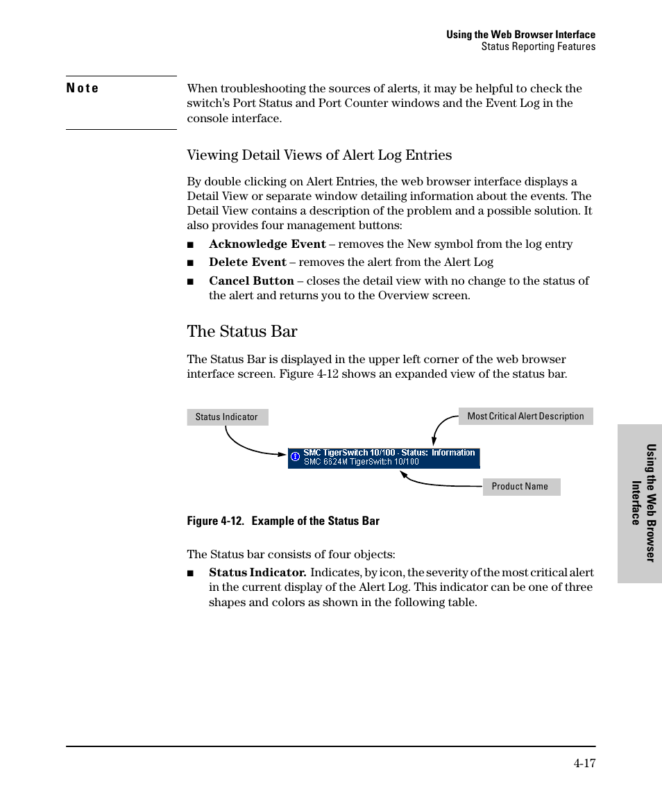 Viewing detail views of alert log entries, The status bar, Viewing detail views of alert log entries -17 | The status bar -17 | SMC Networks SMC TigerStack II SMC6624M User Manual | Page 67 / 364