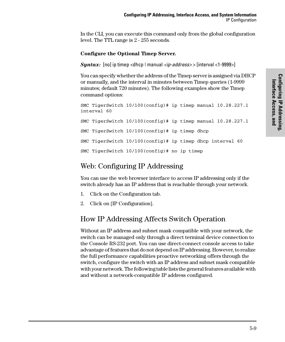 Web: configuring ip addressing, How ip addressing affects switch operation, Web: configuring ip addressing -9 | How ip addressing affects switch operation -9 | SMC Networks SMC TigerStack II SMC6624M User Manual | Page 77 / 364