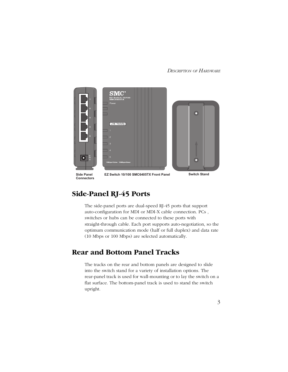 Side-panel rj-45 ports, Rear and bottom panel tracks | SMC Networks SMC6405TX User Manual | Page 15 / 28