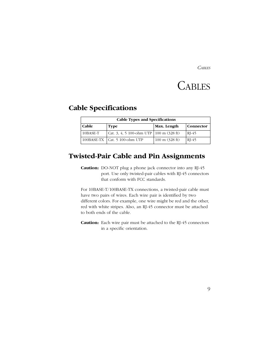Cables, Cable specifications, Twisted-pair cable and pin assignments | Ables | SMC Networks SMC6405TX User Manual | Page 21 / 28
