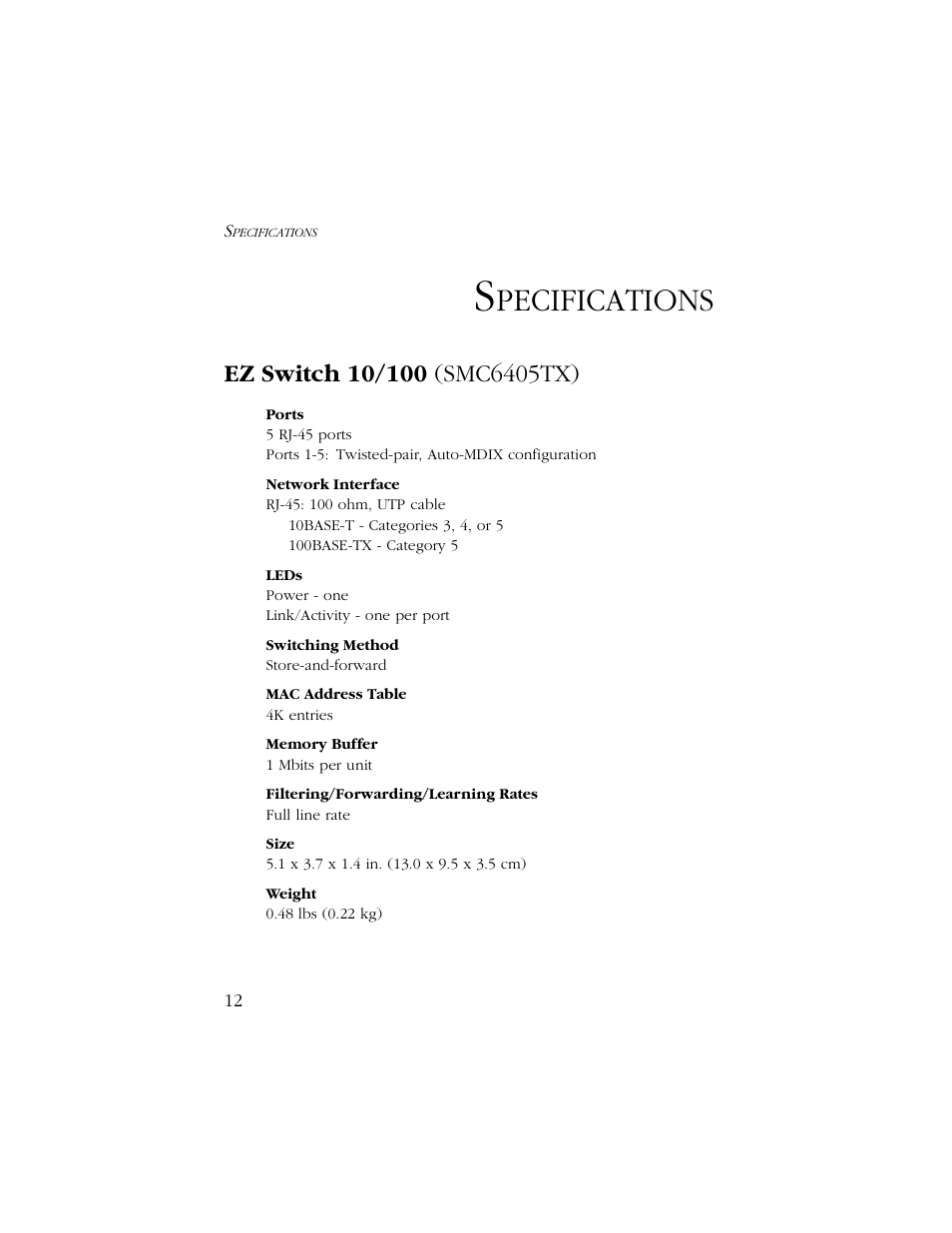 Specifications, Ez switch 10/100 (smc6405tx), Pecifications | SMC Networks SMC6405TX User Manual | Page 24 / 28