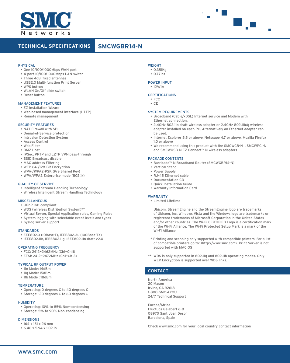 Smcwgbr14-n, Technical specifications | SMC Networks SMCWGBR14-N User Manual | Page 2 / 2