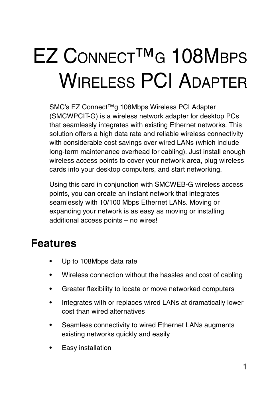 Ez connect™g 108mbps wireless pci adapter, Features, Ez connect™g 108mbps wlan pci | Ez c, 108m, Pci a, Onnect, Ireless, Dapter | SMC Networks SMCWPCIT-G User Manual | Page 11 / 50