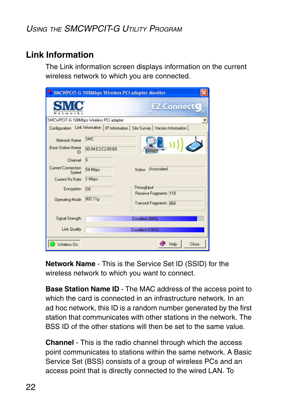 Link information, Smcwpcit-g u, 22 link information | SMC Networks SMCWPCIT-G User Manual | Page 32 / 50