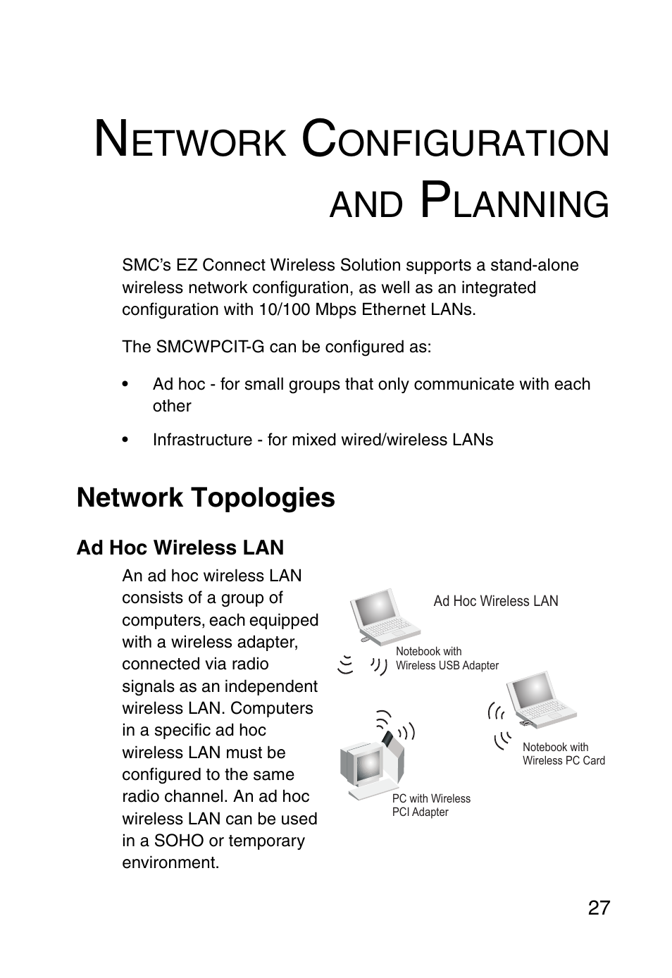 Network configuration and planning, Network topologies, Ad hoc wireless lan | Etwork, Onfiguration and, Lanning | SMC Networks SMCWPCIT-G User Manual | Page 37 / 50