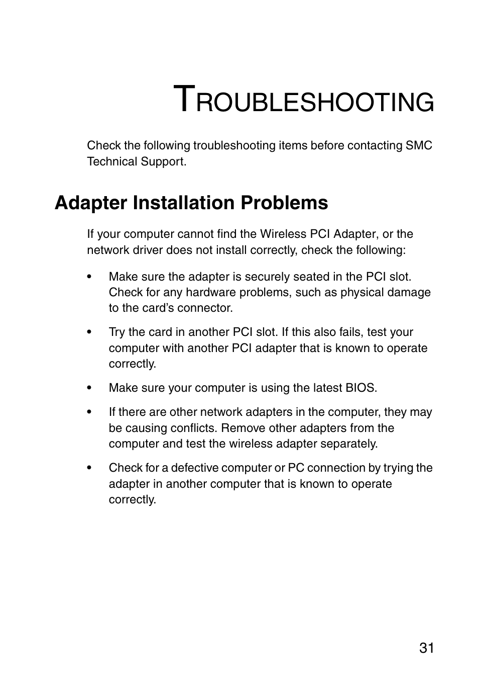 Troubleshooting, Adapter installation problems, Roubleshooting | SMC Networks SMCWPCIT-G User Manual | Page 41 / 50