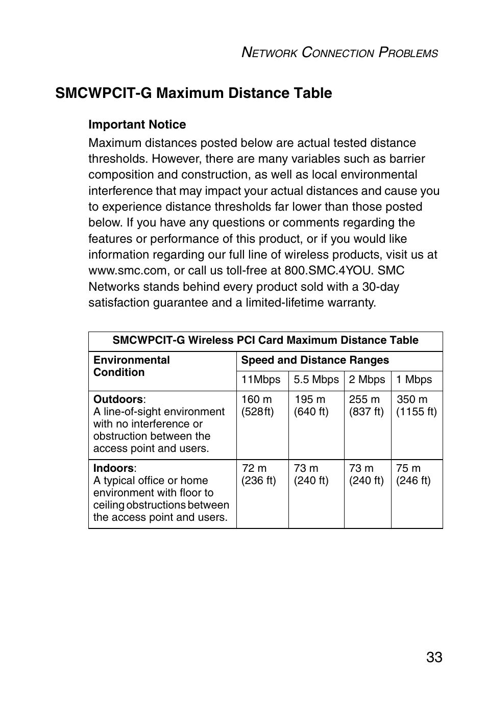 Smcwpcit-g maximum distance table, 33 smcwpcit-g maximum distance table | SMC Networks SMCWPCIT-G User Manual | Page 43 / 50