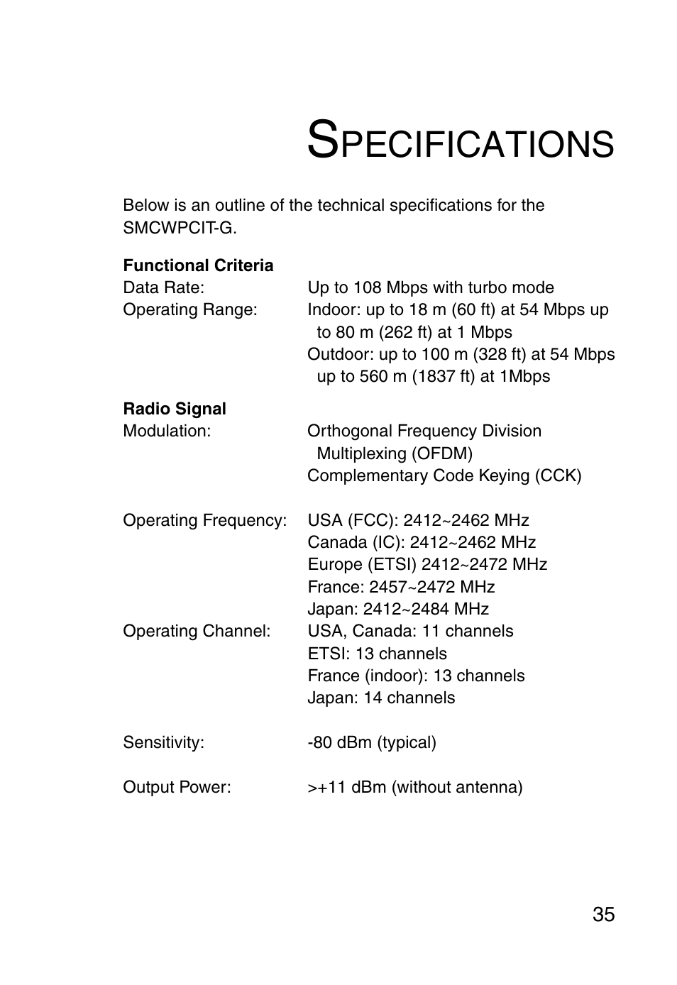 Specifications, Pecifications | SMC Networks SMCWPCIT-G User Manual | Page 45 / 50