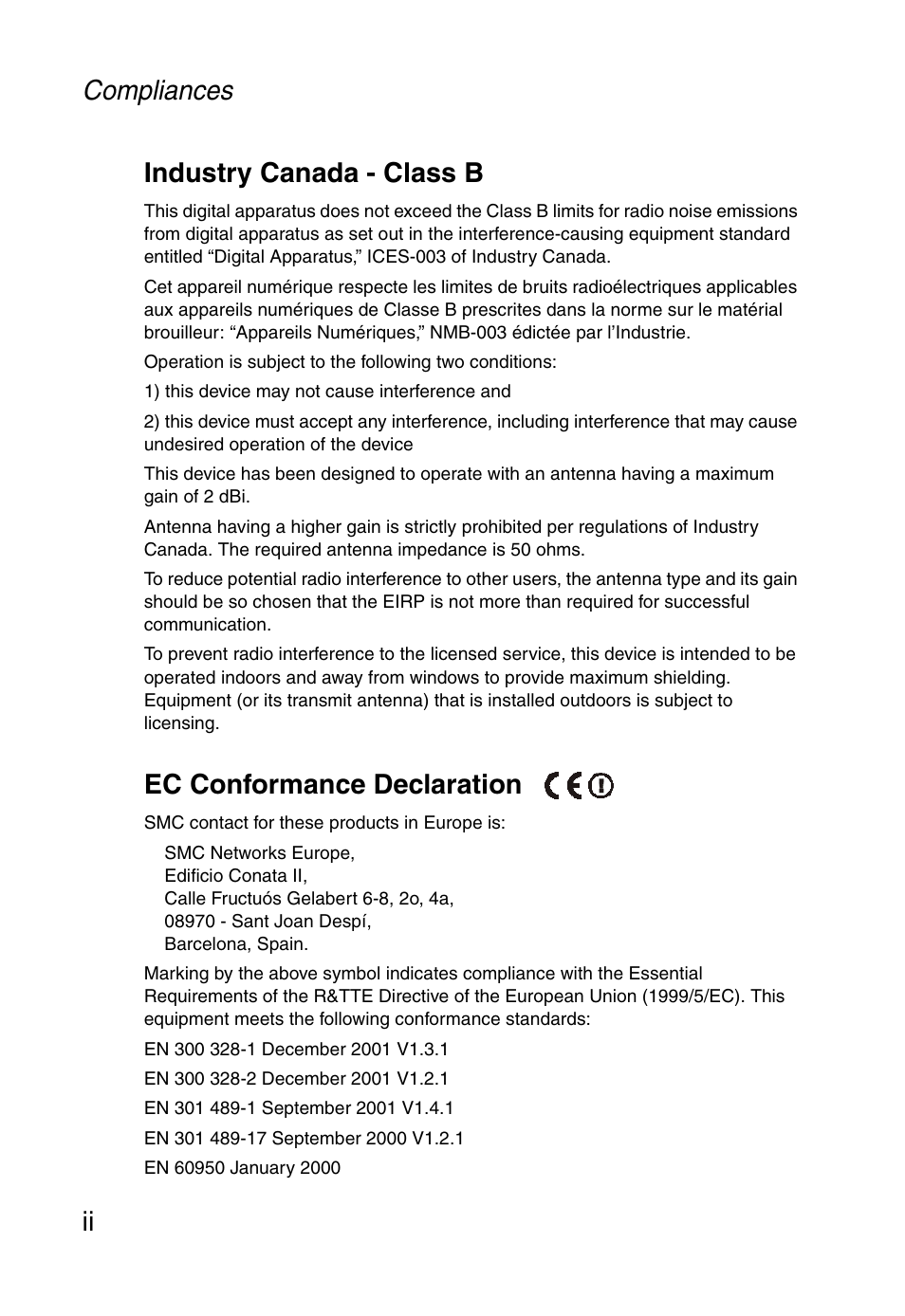 Compliances ii industry canada - class b, Ec conformance declaration | SMC Networks SMCWPCIT-G User Manual | Page 6 / 50